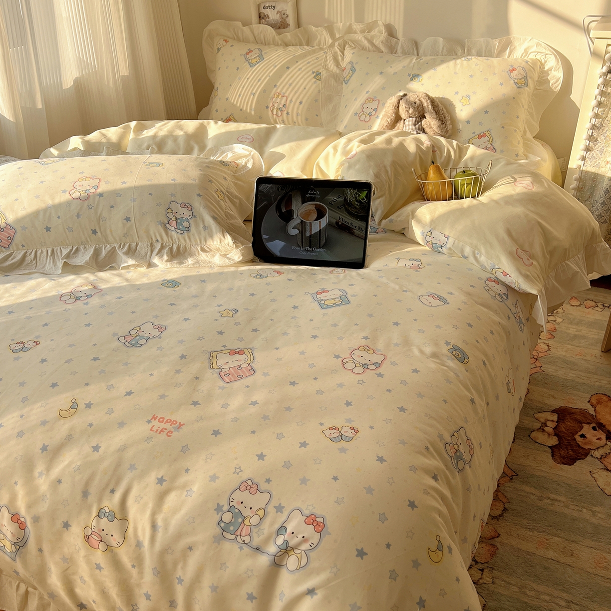 91家纺网 家纺一手货源 找家纺 六巷胡同 2026春夏新款韩系花边款卡通40支13070全棉四件套（第二系列）-风格二 花边蓝星电话喵