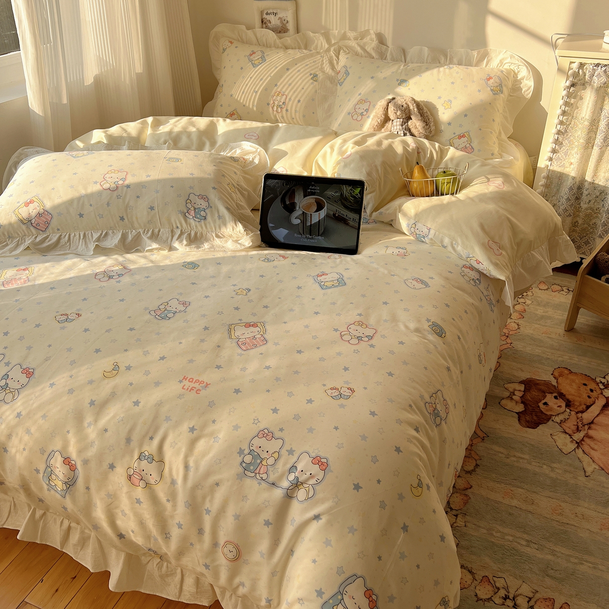 91家纺网 家纺一手货源 找家纺 六巷胡同 2026春夏新款韩系花边款卡通40支13070全棉四件套（第二系列）-风格二 花边蓝星电话喵