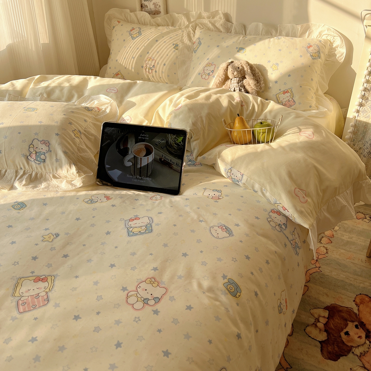 91家纺网 家纺一手货源 找家纺 六巷胡同 2026春夏新款韩系花边款卡通40支13070全棉四件套（第二系列）-风格二 花边蓝星电话喵