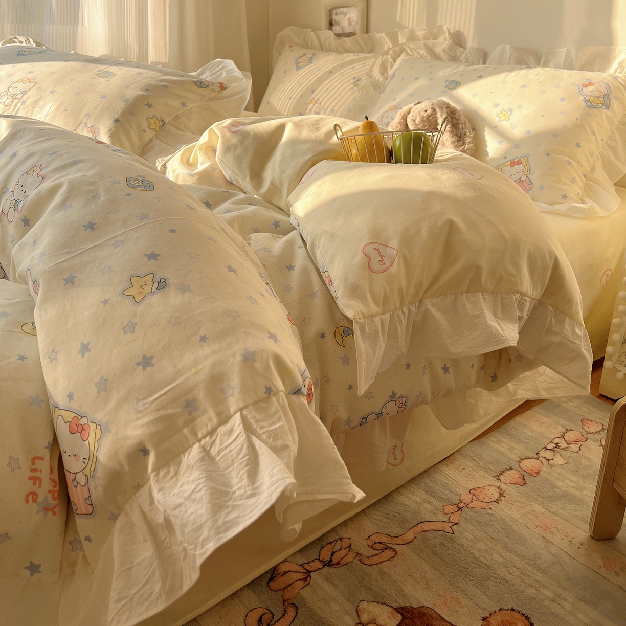 91家纺网 家纺一手货源 找家纺 六巷胡同 2026春夏新款韩系花边款卡通40支13070全棉四件套（第二系列）-风格二 花边蓝星电话喵