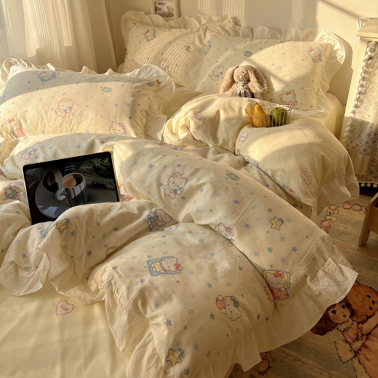 91家纺网 家纺一手货源 找家纺 六巷胡同 2026春夏新款韩系花边款卡通40支13070全棉四件套（第二系列）-风格二 花边蓝星电话喵