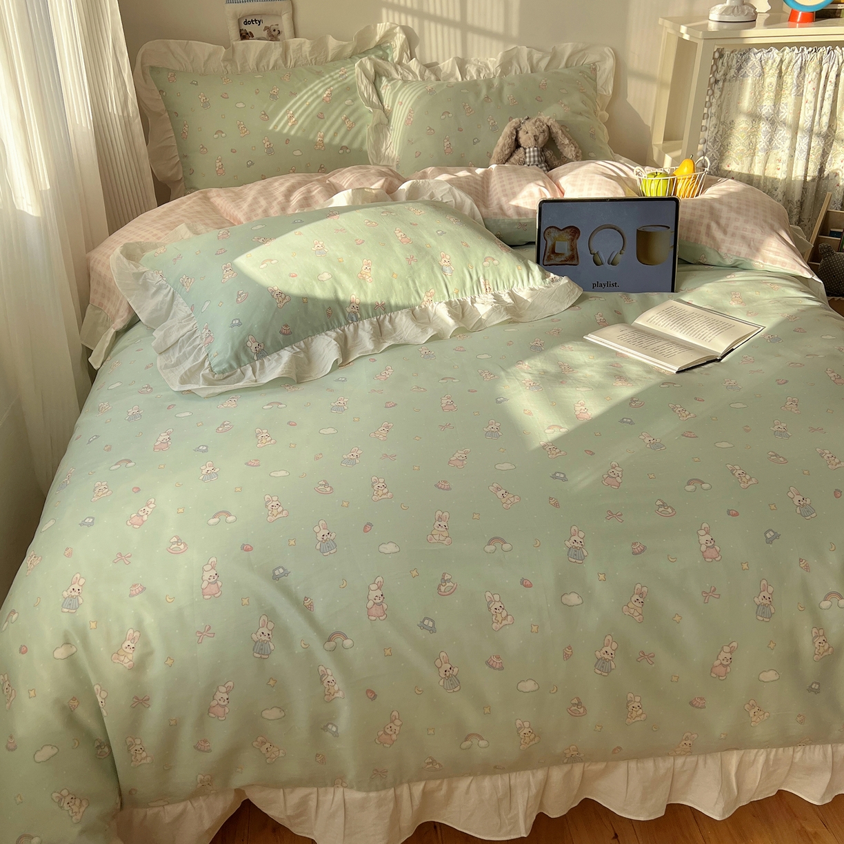 91家纺网 家纺一手货源 找家纺 六巷胡同 2026春夏新款韩系花边款卡通40支13070全棉四件套（第二系列）-风格二 花边萝莉邦尼兔