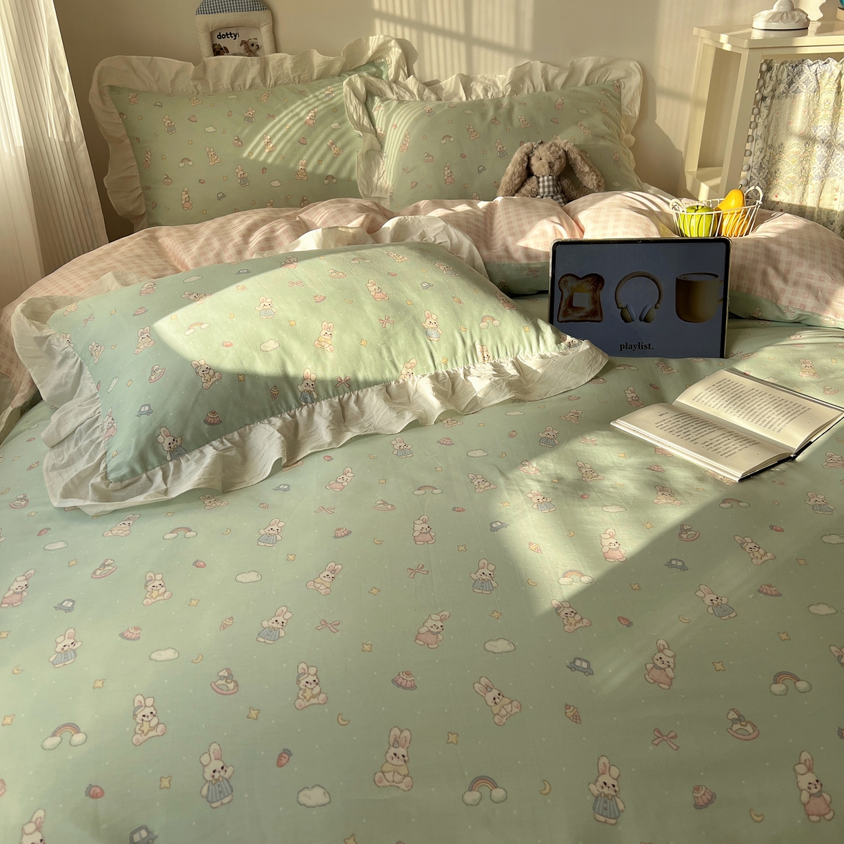 91家纺网 家纺一手货源 找家纺 六巷胡同 2026春夏新款韩系花边款卡通40支13070全棉四件套（第二系列）-风格二 花边萝莉邦尼兔