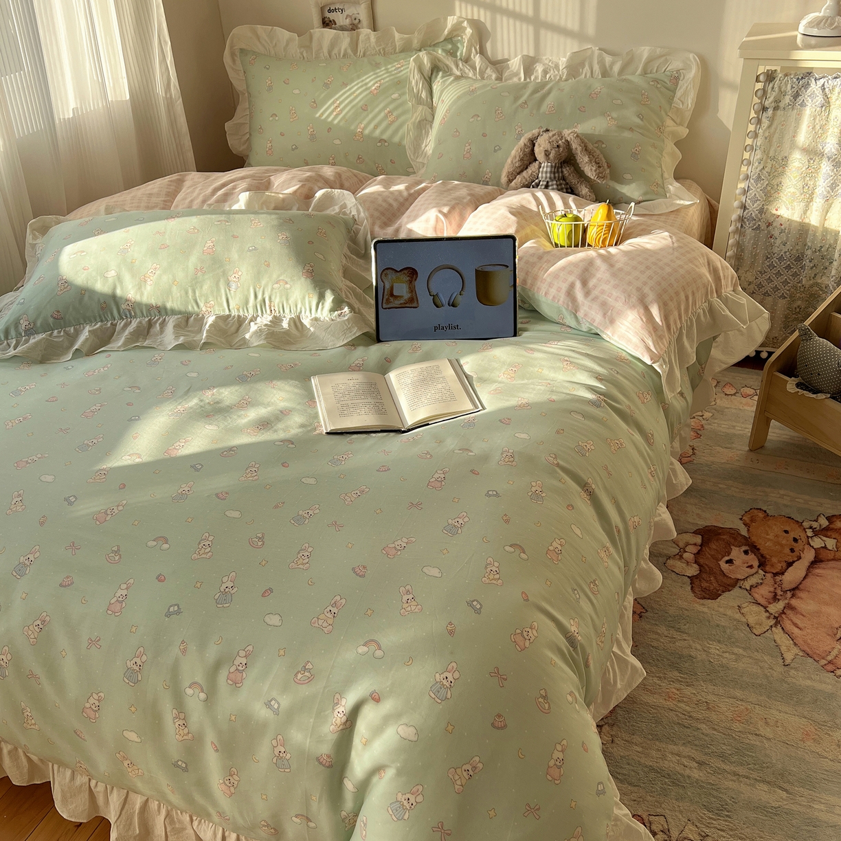 91家纺网 家纺一手货源 找家纺 六巷胡同 2026春夏新款韩系花边款卡通40支13070全棉四件套（第二系列）-风格二 花边萝莉邦尼兔