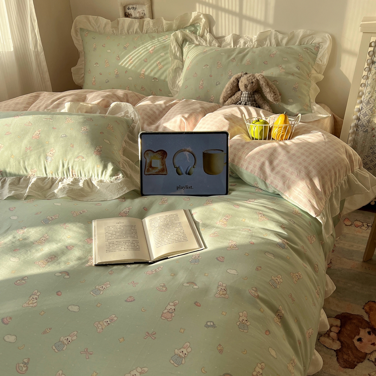 91家纺网 家纺一手货源 找家纺 六巷胡同 2026春夏新款韩系花边款卡通40支13070全棉四件套（第二系列）-风格二 花边萝莉邦尼兔