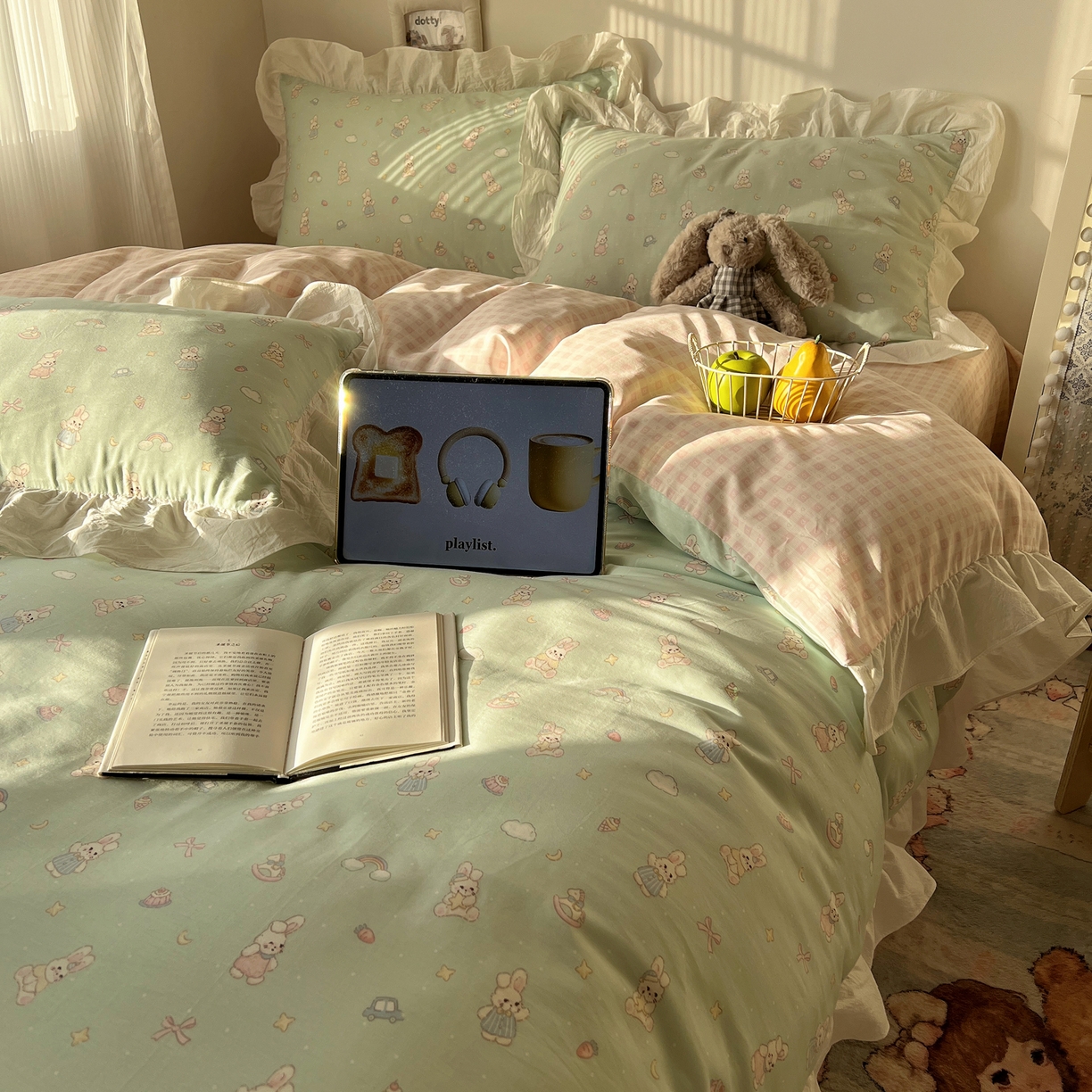 91家纺网 家纺一手货源 找家纺 六巷胡同 2026春夏新款韩系花边款卡通40支13070全棉四件套（第二系列）-风格二 花边萝莉邦尼兔