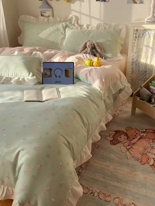 91家纺网 家纺一手货源 找家纺 六巷胡同 2026春夏新款韩系花边款卡通40支13070全棉四件套（第二系列）-风格二 花边萝莉邦尼兔