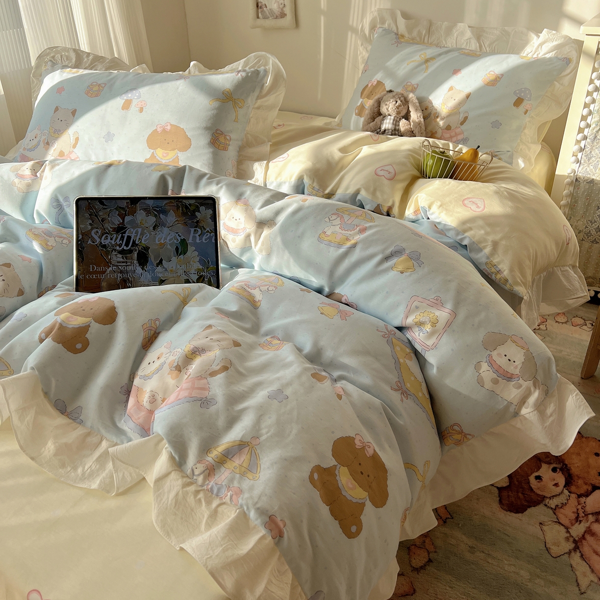 六巷胡同 2026春夏新款韩系花边款卡通40支13070全棉四件套（第二系列）-风格二 花边猫狗游园会