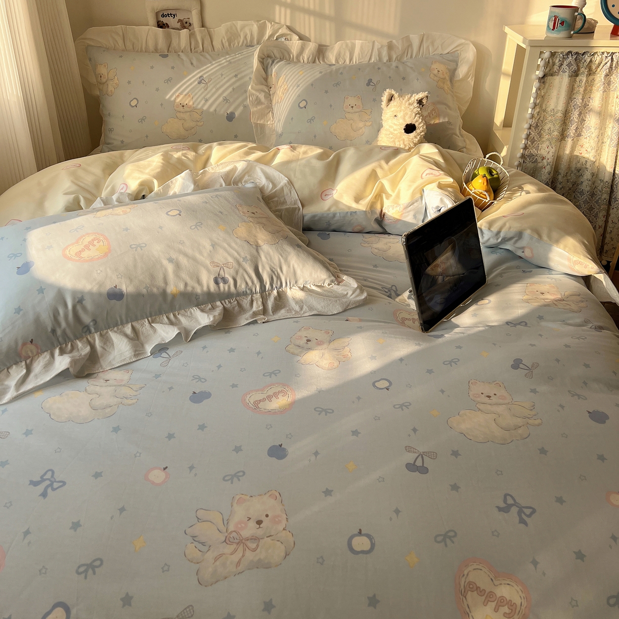 91家纺网 家纺一手货源 找家纺 六巷胡同 2026春夏新款韩系花边款卡通40支13070全棉四件套（第二系列）-风格二 花边萌趣小飞犬