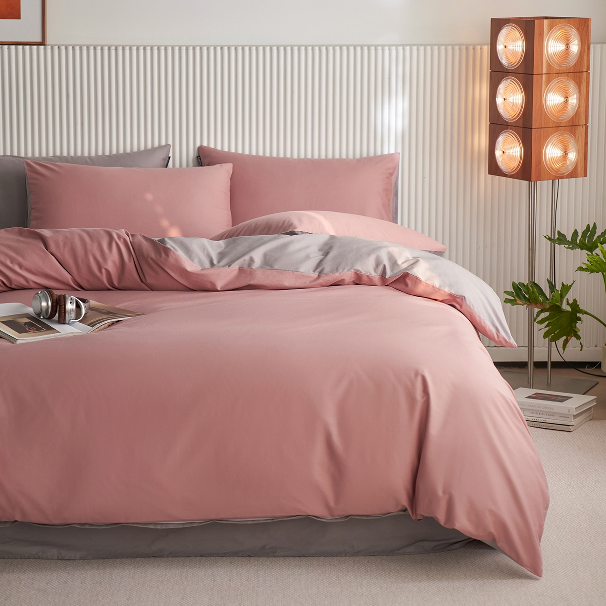 91家纺网 家纺一手货源 找家纺 小懒猪 2026新款13372A类双拼纯色全棉纯棉四件套 （提供买家秀） 豆沙-银灰