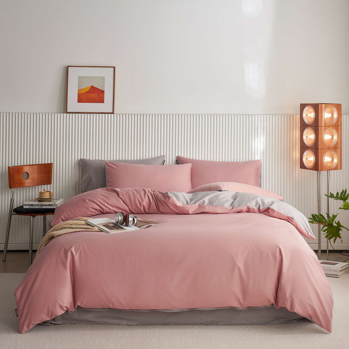 91家纺网 家纺一手货源 找家纺 小懒猪 2026新款13372A类双拼纯色全棉纯棉四件套 （提供买家秀） 豆沙-银灰