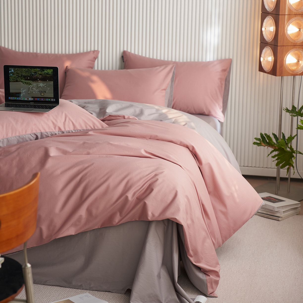 91家纺网 家纺一手货源 找家纺 小懒猪 2026新款13372A类双拼纯色全棉纯棉四件套 （提供买家秀） 豆沙-银灰