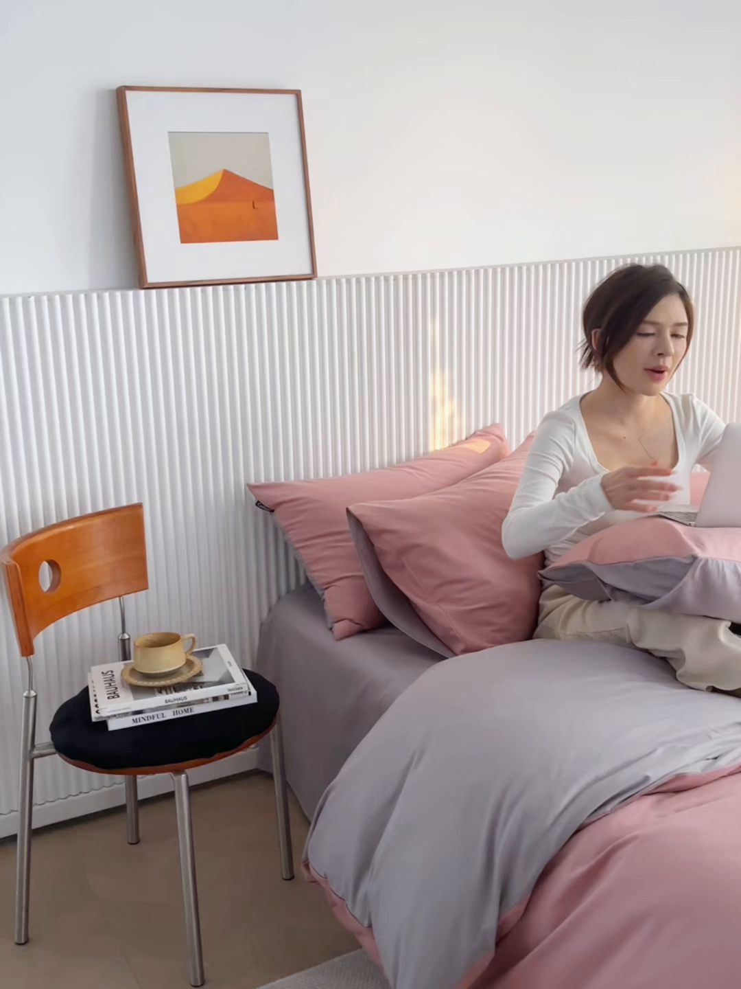 91家纺网 家纺一手货源 找家纺 小懒猪 2026新款13372A类双拼纯色全棉纯棉四件套 （提供买家秀） 豆沙-银灰