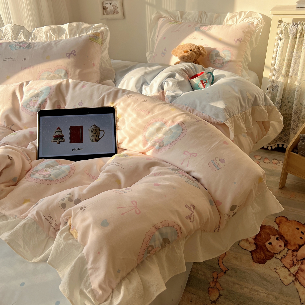 六巷胡同 2026春夏新款韩系花边款卡通40支13070全棉四件套（第二系列）-风格二 花边小狗茶话会