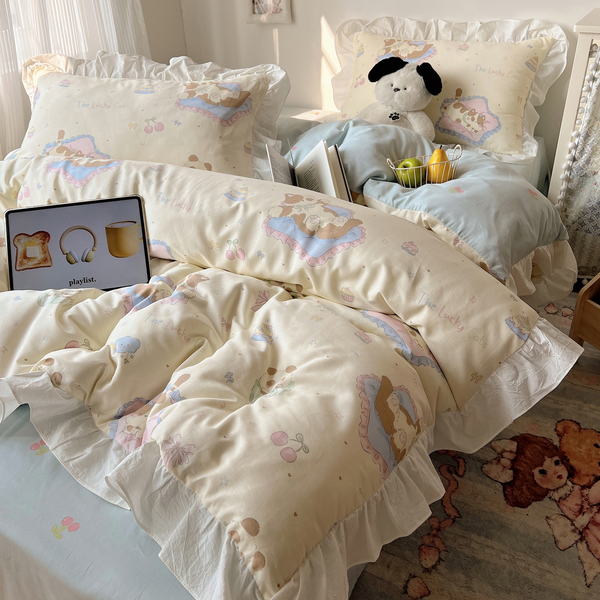 六巷胡同 2026春夏新款韩系花边款卡通40支13070全棉四件套（第二系列）-风格二 花边慵懒猫咪崽