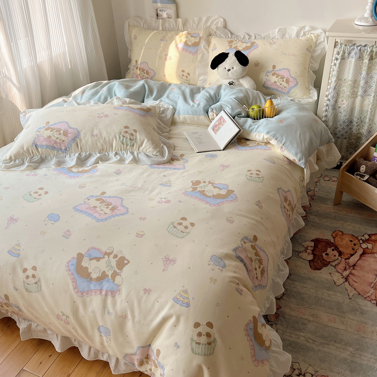 91家纺网 家纺一手货源 找家纺 六巷胡同 2026春夏新款韩系花边款卡通40支13070全棉四件套（第二系列）-风格二 花边慵懒猫咪崽