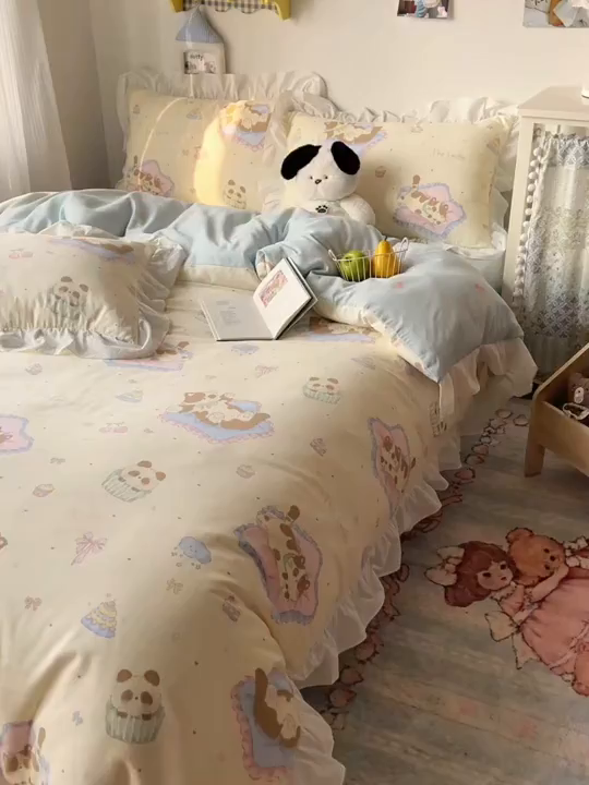 91家纺网 家纺一手货源 找家纺 六巷胡同 2026春夏新款韩系花边款卡通40支13070全棉四件套（第二系列）-风格二 花边慵懒猫咪崽