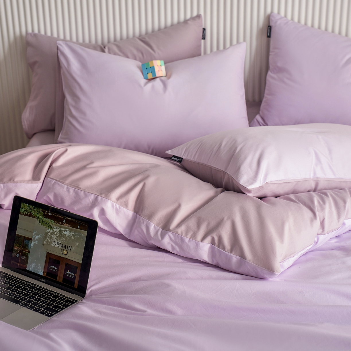 91家纺网 家纺一手货源 找家纺 小懒猪 2026新款13372A类双拼纯色全棉纯棉四件套 （提供买家秀） 粉紫-香芋紫