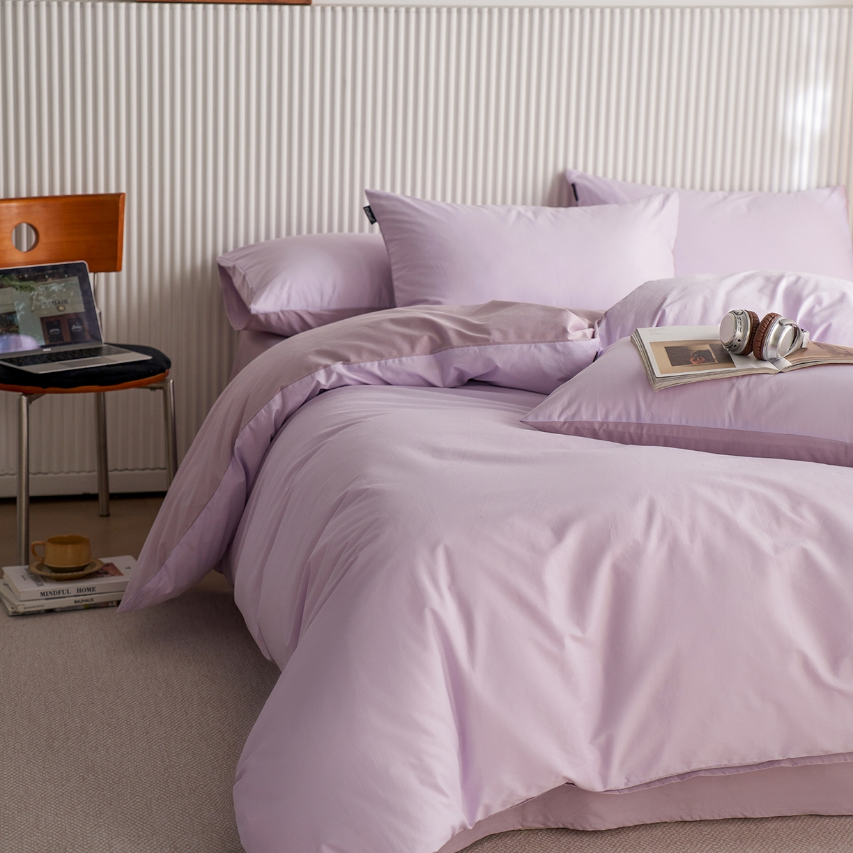 91家纺网 家纺一手货源 找家纺 小懒猪 2026新款13372A类双拼纯色全棉纯棉四件套 （提供买家秀） 粉紫-香芋紫