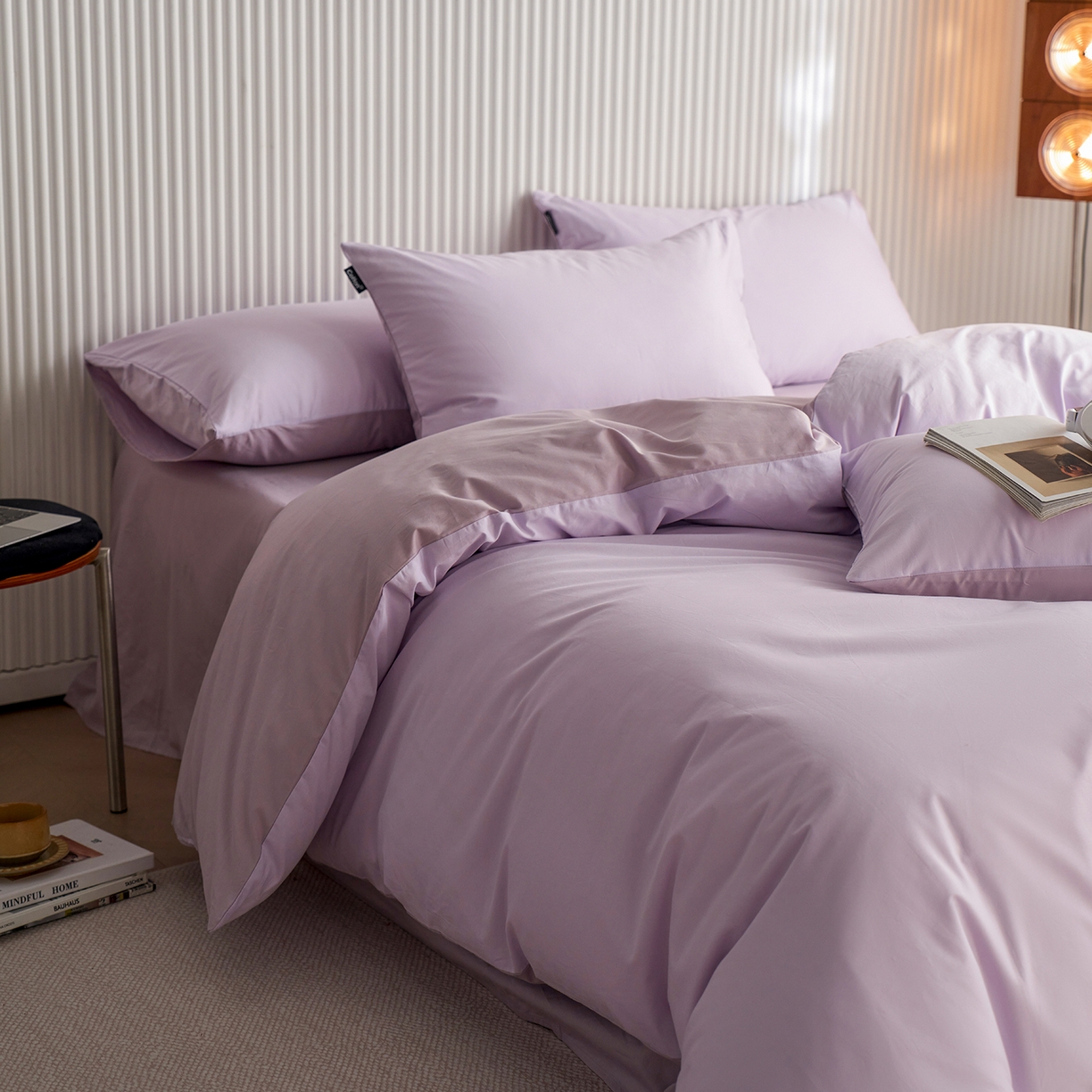 91家纺网 家纺一手货源 找家纺 小懒猪 2026新款13372A类双拼纯色全棉纯棉四件套 （提供买家秀） 粉紫-香芋紫