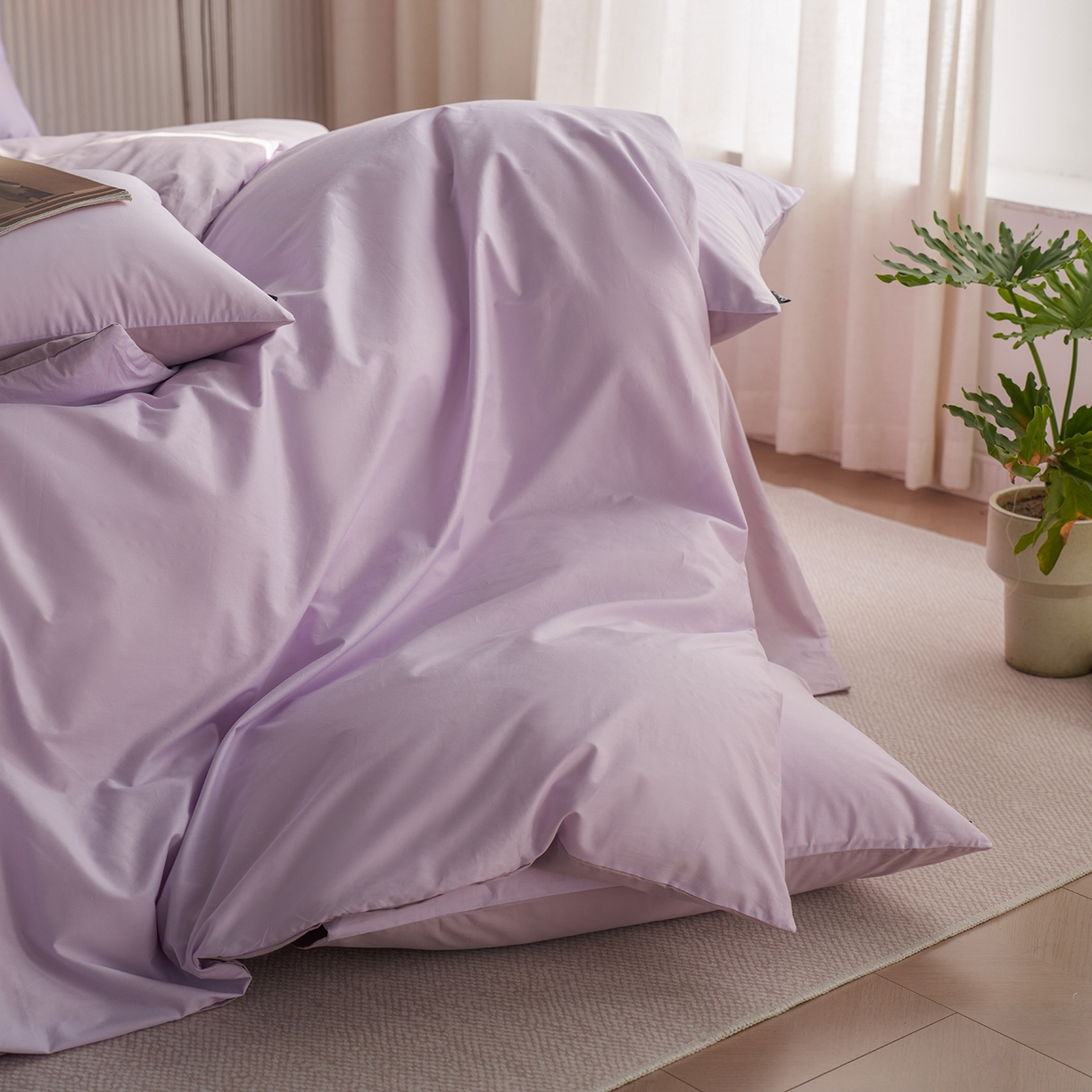 91家纺网 家纺一手货源 找家纺 小懒猪 2026新款13372A类双拼纯色全棉纯棉四件套 （提供买家秀） 粉紫-香芋紫