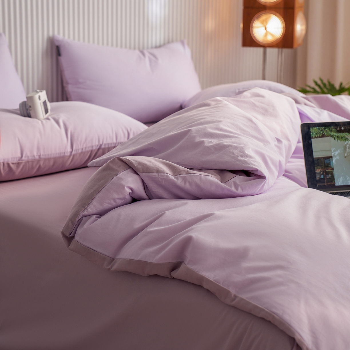 91家纺网 家纺一手货源 找家纺 小懒猪 2026新款13372A类双拼纯色全棉纯棉四件套 （提供买家秀） 粉紫-香芋紫