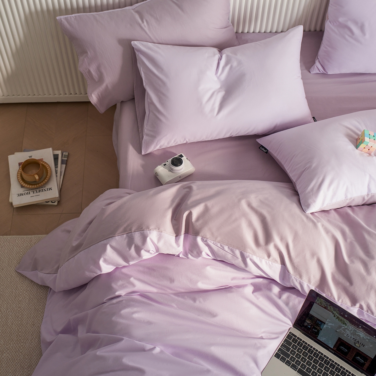 91家纺网 家纺一手货源 找家纺 小懒猪 2026新款13372A类双拼纯色全棉纯棉四件套 （提供买家秀） 粉紫-香芋紫