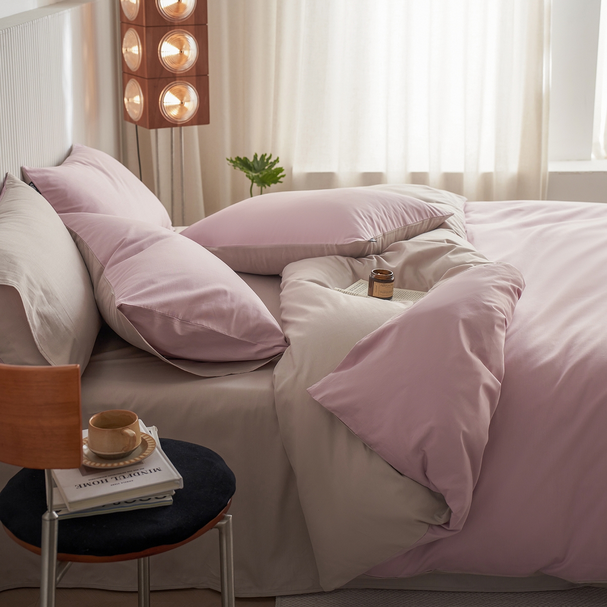 91家纺网 家纺一手货源 找家纺 小懒猪 2026新款13372A类双拼纯色全棉纯棉四件套 浅紫-山灰