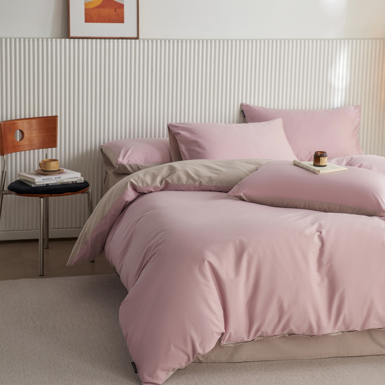 91家纺网 家纺一手货源 找家纺 小懒猪 2026新款13372A类双拼纯色全棉纯棉四件套 浅紫-山灰