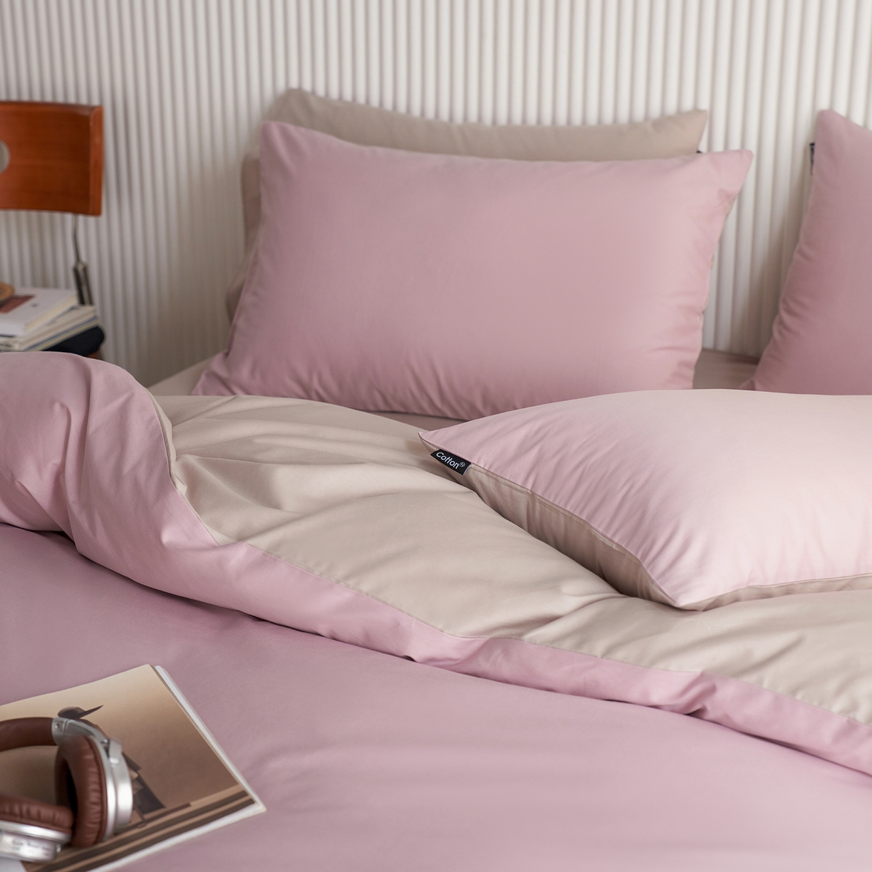 91家纺网 家纺一手货源 找家纺 小懒猪 2026新款13372A类双拼纯色全棉纯棉四件套 浅紫-山灰