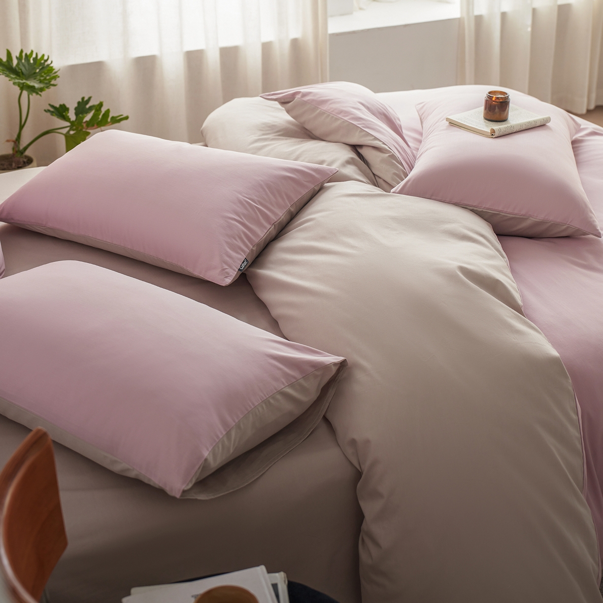 91家纺网 家纺一手货源 找家纺 小懒猪 2026新款13372A类双拼纯色全棉纯棉四件套 浅紫-山灰