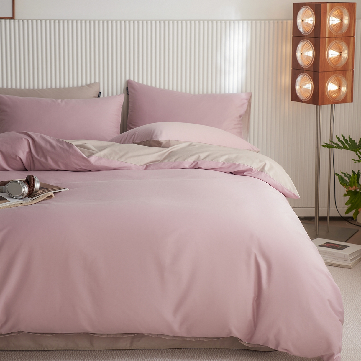 91家纺网 家纺一手货源 找家纺 小懒猪 2026新款13372A类双拼纯色全棉纯棉四件套 浅紫-山灰