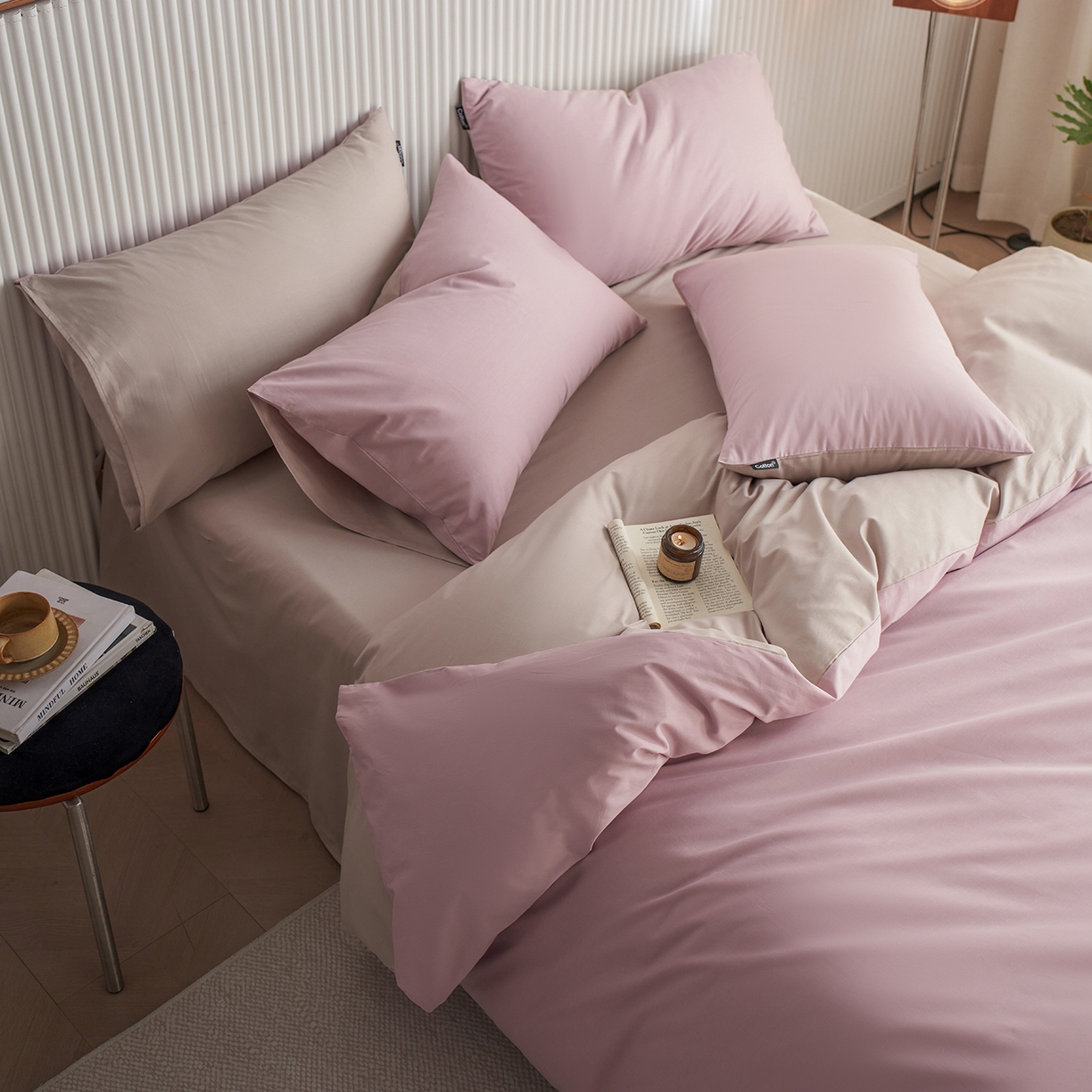 91家纺网 家纺一手货源 找家纺 小懒猪 2026新款13372A类双拼纯色全棉纯棉四件套 浅紫-山灰