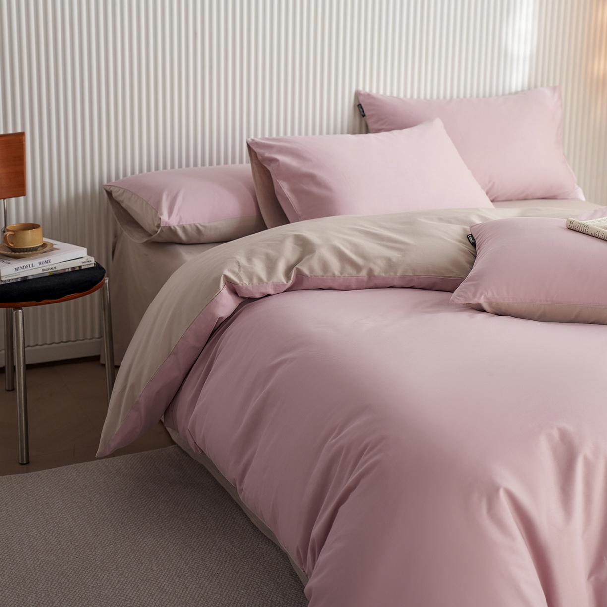 91家纺网 家纺一手货源 找家纺 小懒猪 2026新款13372A类双拼纯色全棉纯棉四件套 浅紫-山灰