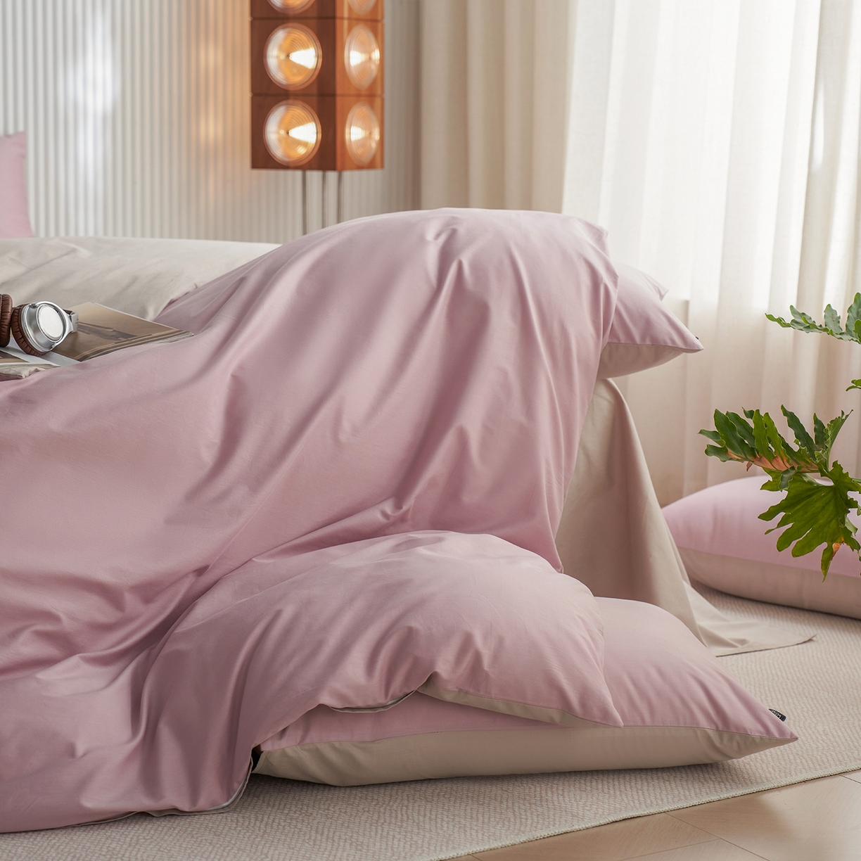 91家纺网 家纺一手货源 找家纺 小懒猪 2026新款13372A类双拼纯色全棉纯棉四件套 浅紫-山灰