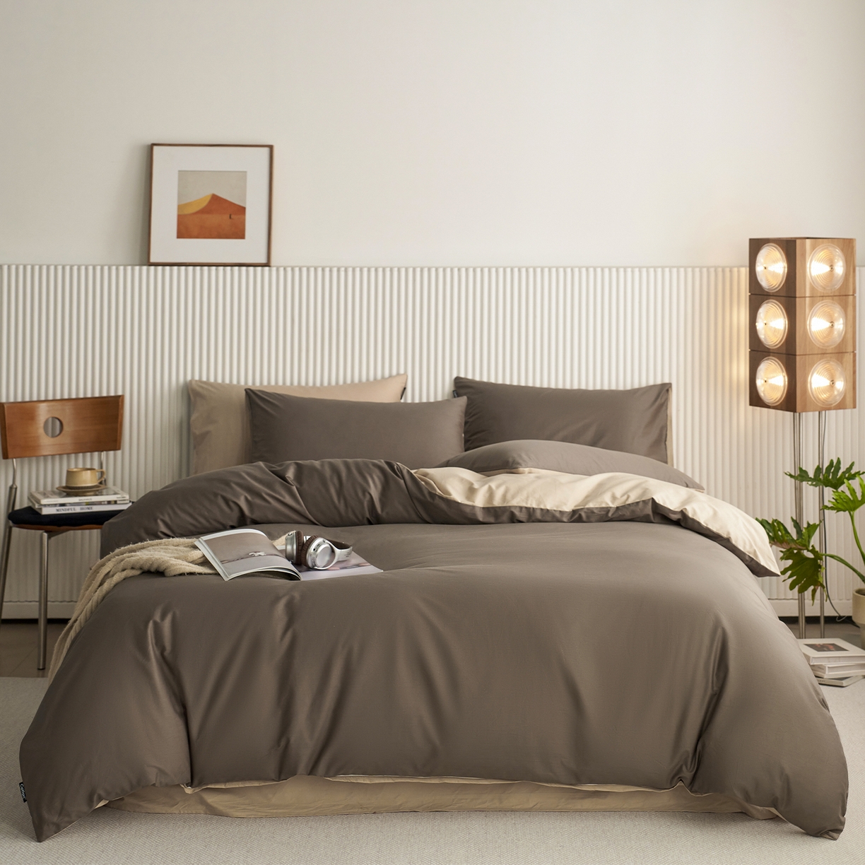 91家纺网 家纺一手货源 找家纺 小懒猪 2026新款13372A类双拼纯色全棉纯棉四件套 （提供买家秀） 深咖-香槟