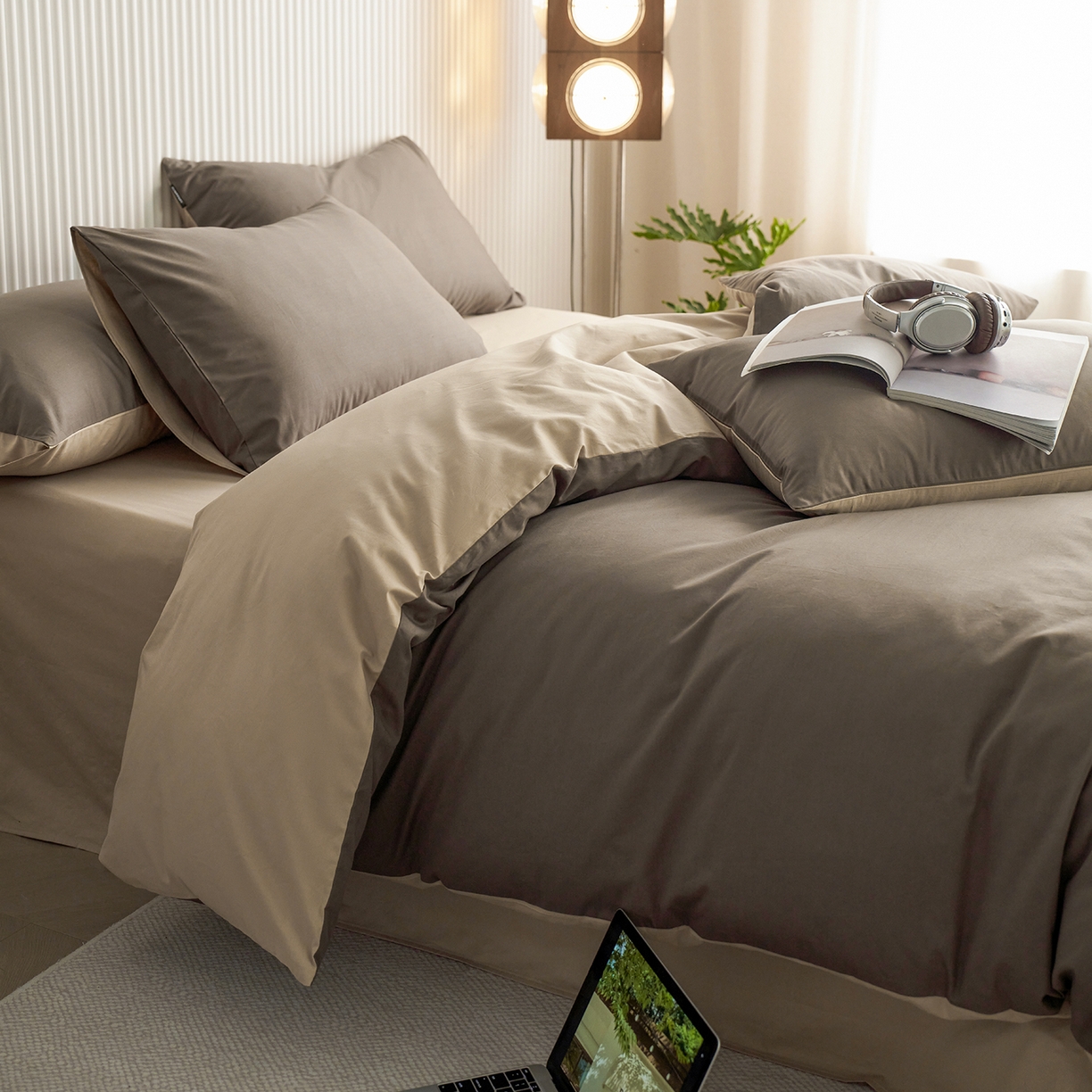 91家纺网 家纺一手货源 找家纺 小懒猪 2026新款13372A类双拼纯色全棉纯棉四件套 （提供买家秀） 深咖-香槟