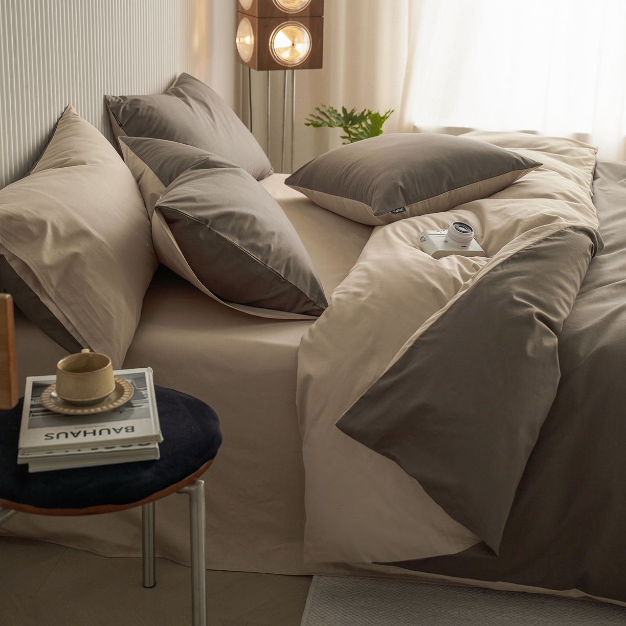 91家纺网 家纺一手货源 找家纺 小懒猪 2026新款13372A类双拼纯色全棉纯棉四件套 （提供买家秀） 深咖-香槟