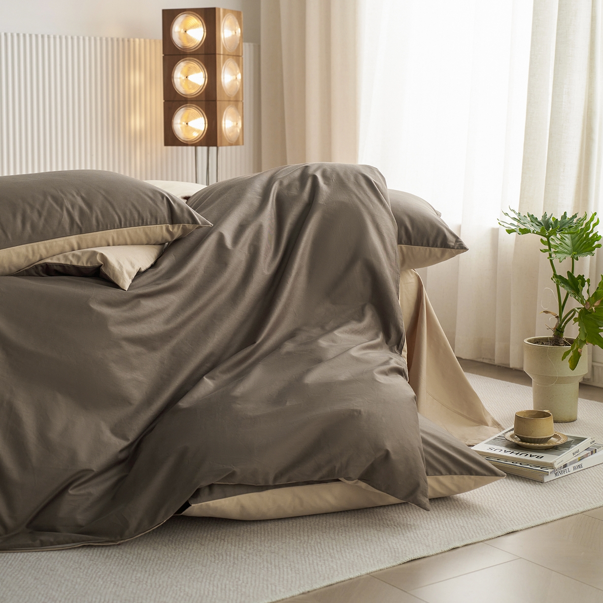 91家纺网 家纺一手货源 找家纺 小懒猪 2026新款13372A类双拼纯色全棉纯棉四件套 （提供买家秀） 深咖-香槟