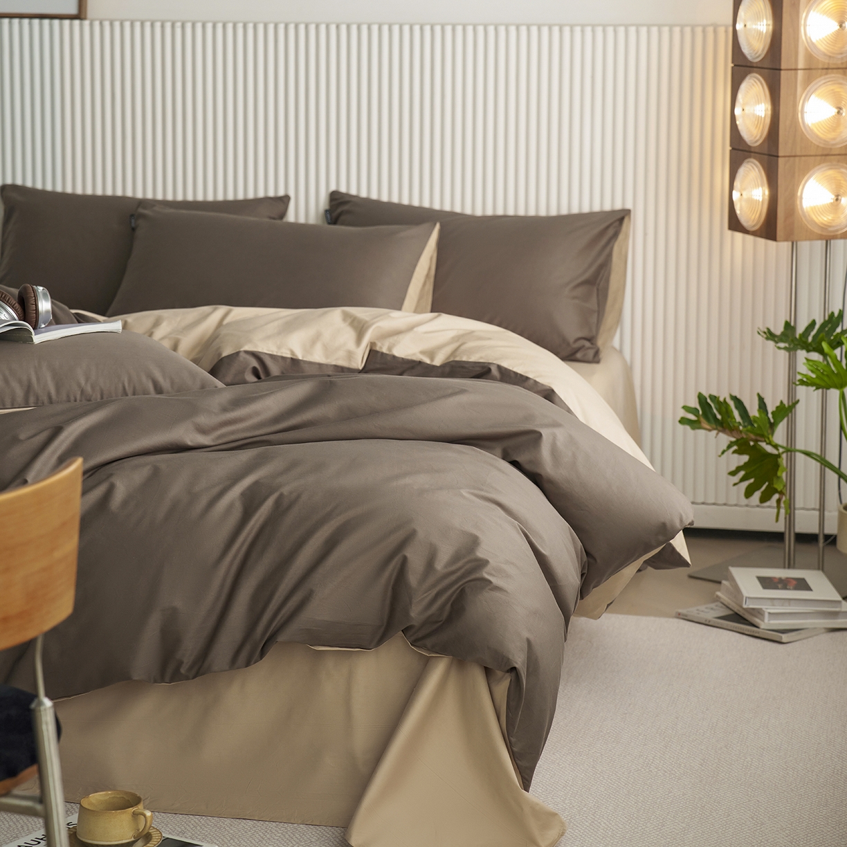 91家纺网 家纺一手货源 找家纺 小懒猪 2026新款13372A类双拼纯色全棉纯棉四件套 （提供买家秀） 深咖-香槟