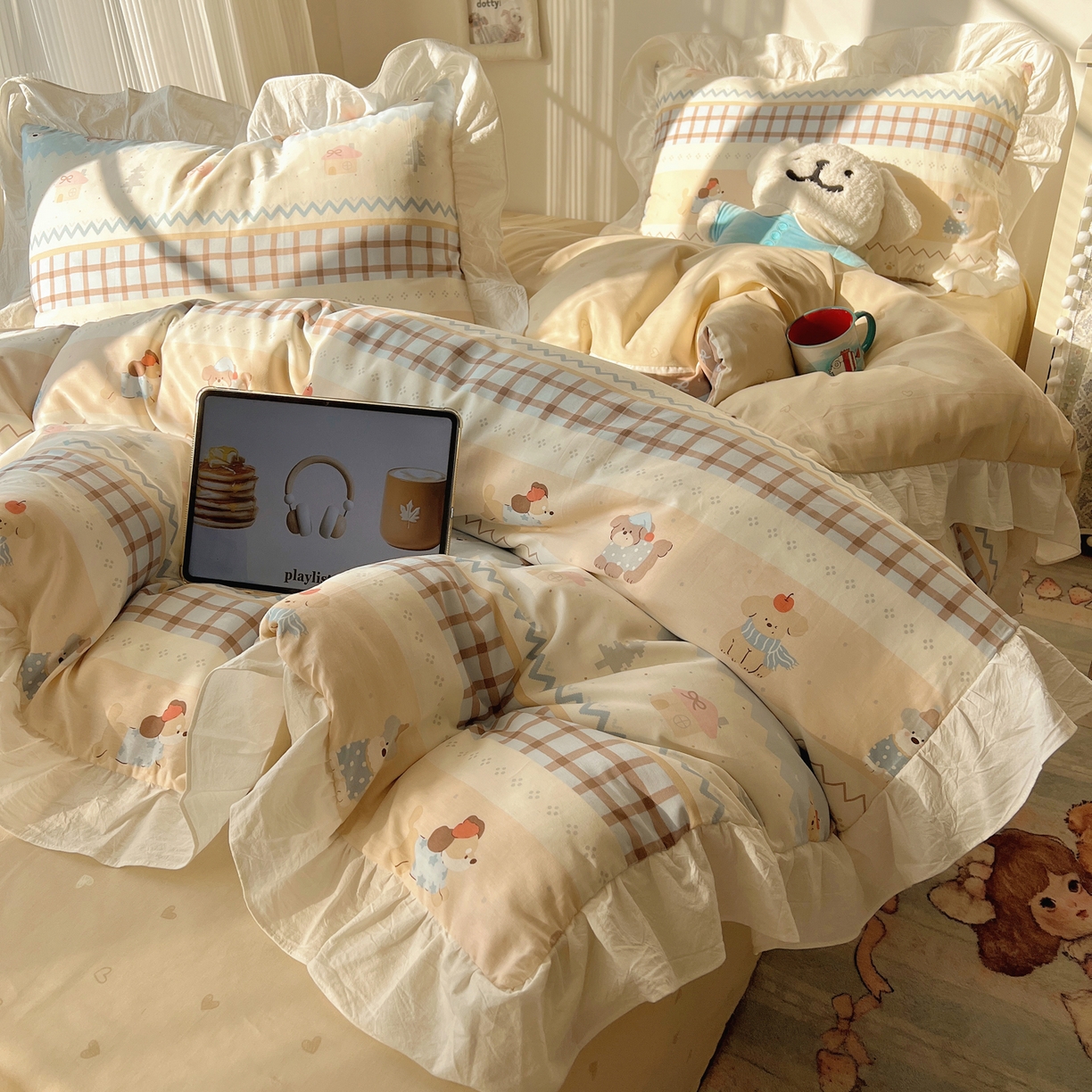 91家纺网 家纺一手货源 找家纺 六巷胡同 2026春夏新款韩系花边款卡通40支13070全棉四件套（第二系列）-风格二 花边费尔岛狗狗