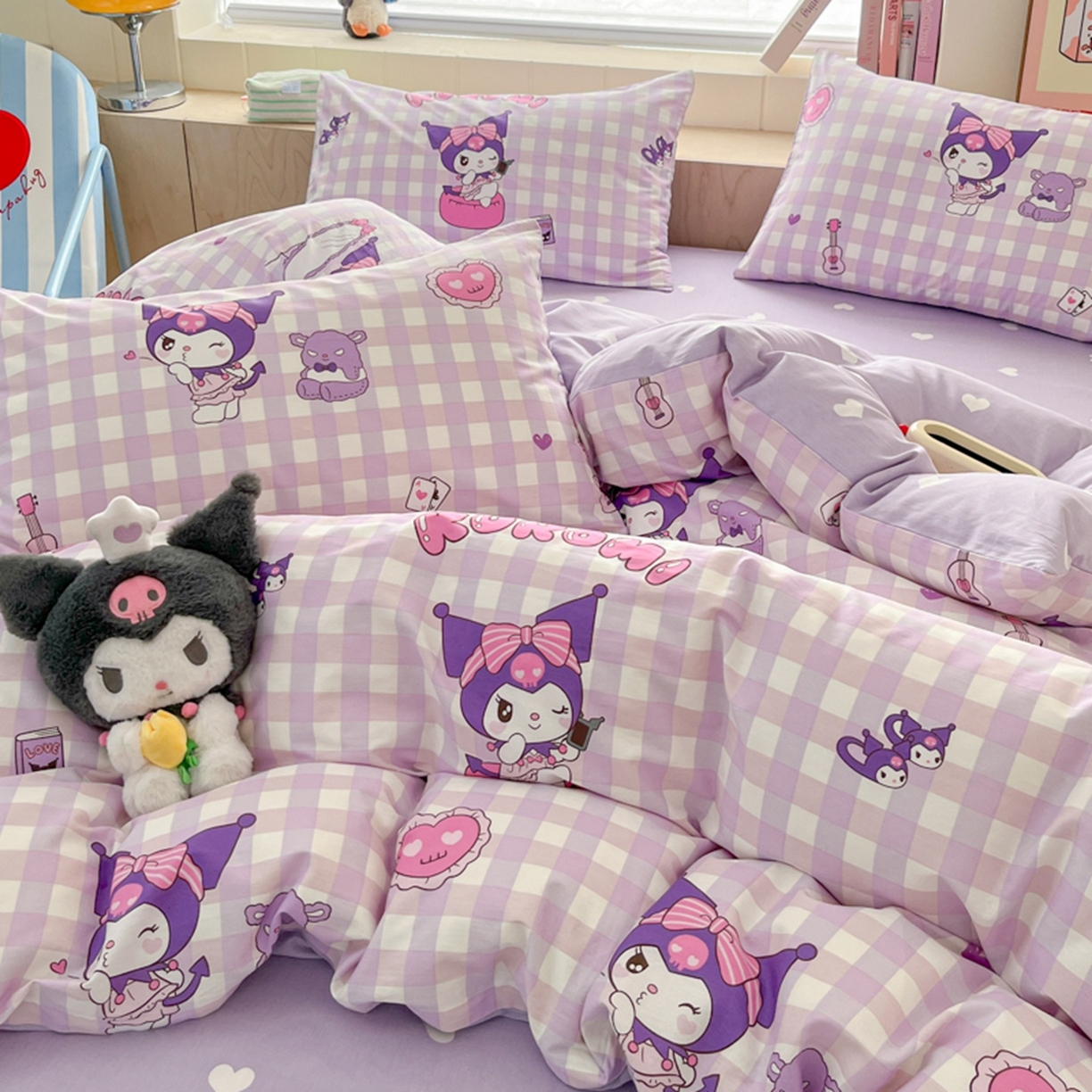 91家纺网 家纺一手货源 找家纺 博雅 2026新款三丽鸥全棉纯棉小版印花四件套 小方格库洛米