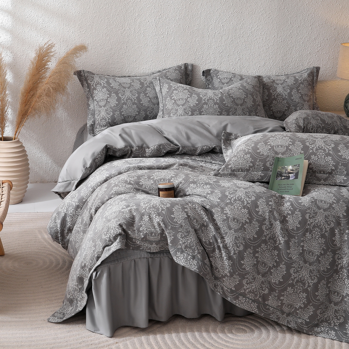 91家纺网 家纺一手货源 找家纺 金艾草 2026新款欧式风雕花全棉纯棉花边床盖四件套 欧花-灰