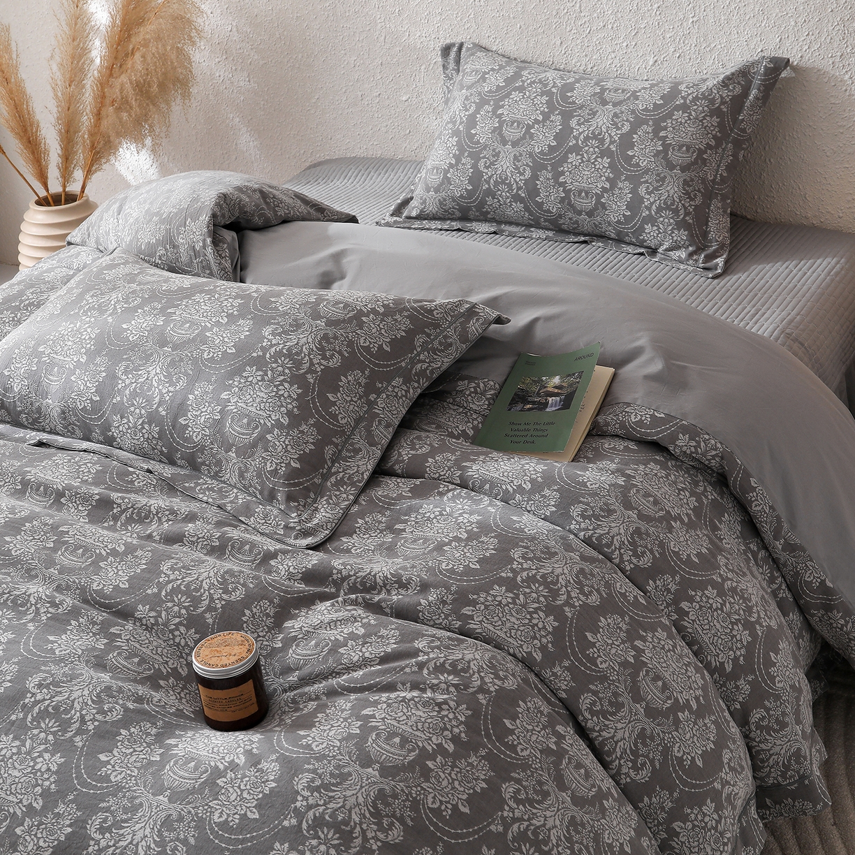 91家纺网 家纺一手货源 找家纺 金艾草 2026新款欧式风雕花全棉纯棉花边床盖四件套 欧花-灰