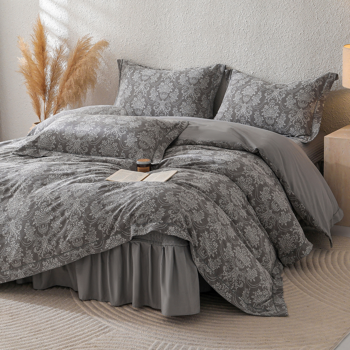91家纺网 家纺一手货源 找家纺 金艾草 2026新款欧式风雕花全棉纯棉花边床盖四件套 欧花-灰