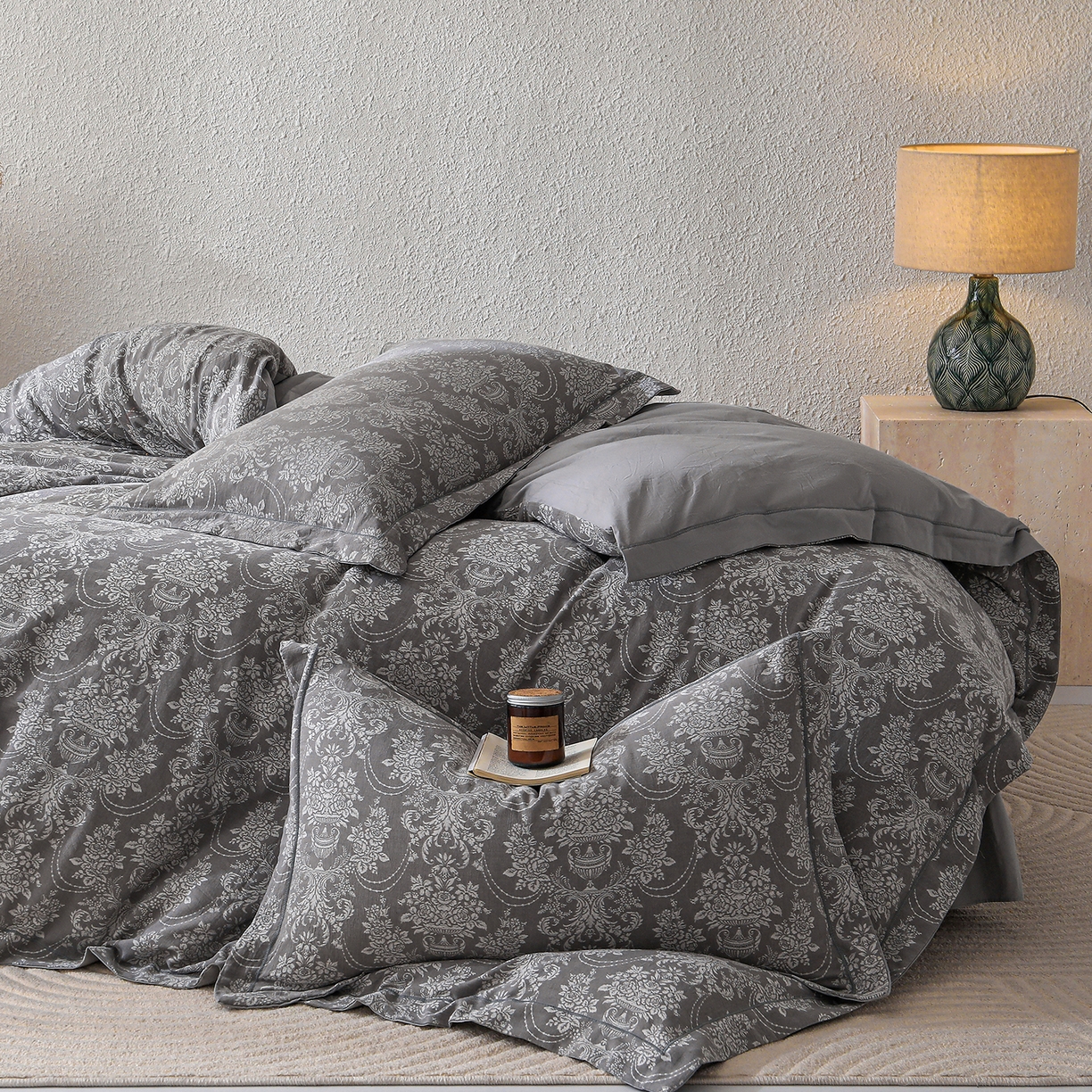 91家纺网 家纺一手货源 找家纺 金艾草 2026新款欧式风雕花全棉纯棉花边床盖四件套 欧花-灰