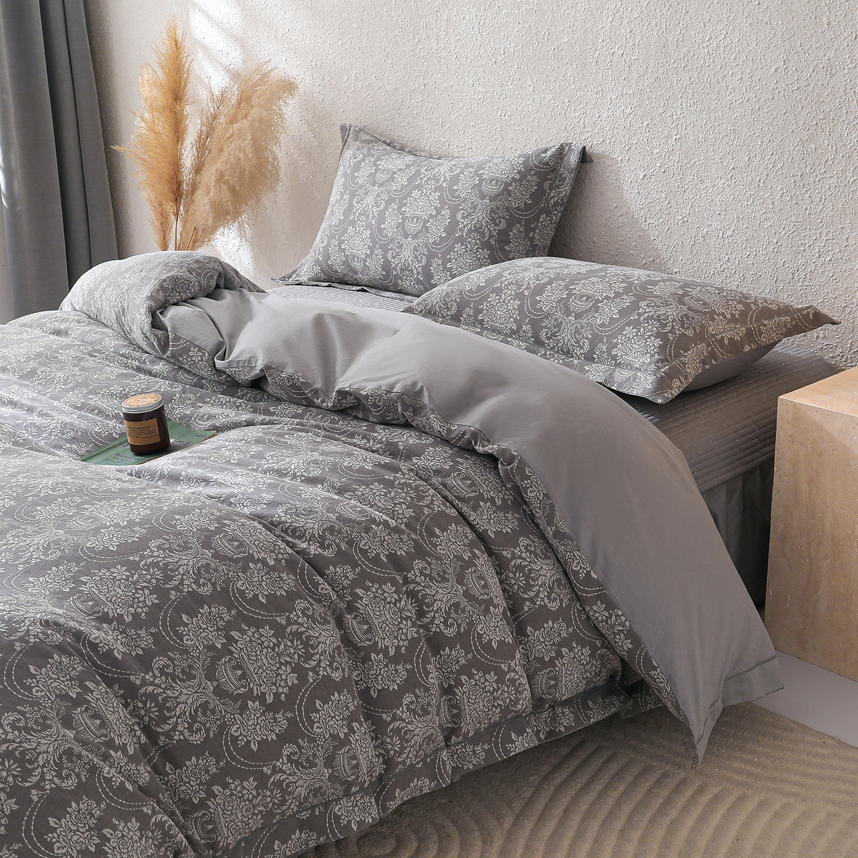 91家纺网 家纺一手货源 找家纺 金艾草 2026新款欧式风雕花全棉纯棉花边床盖四件套 欧花-灰