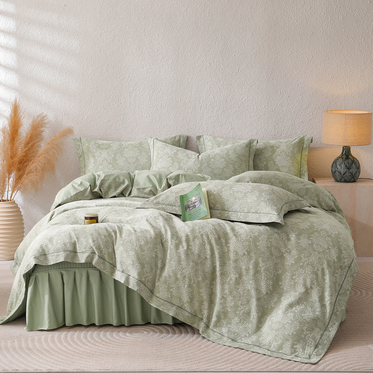 金艾草 2026新款欧式风雕花全棉纯棉花边床盖四件套 欧花-浅绿
