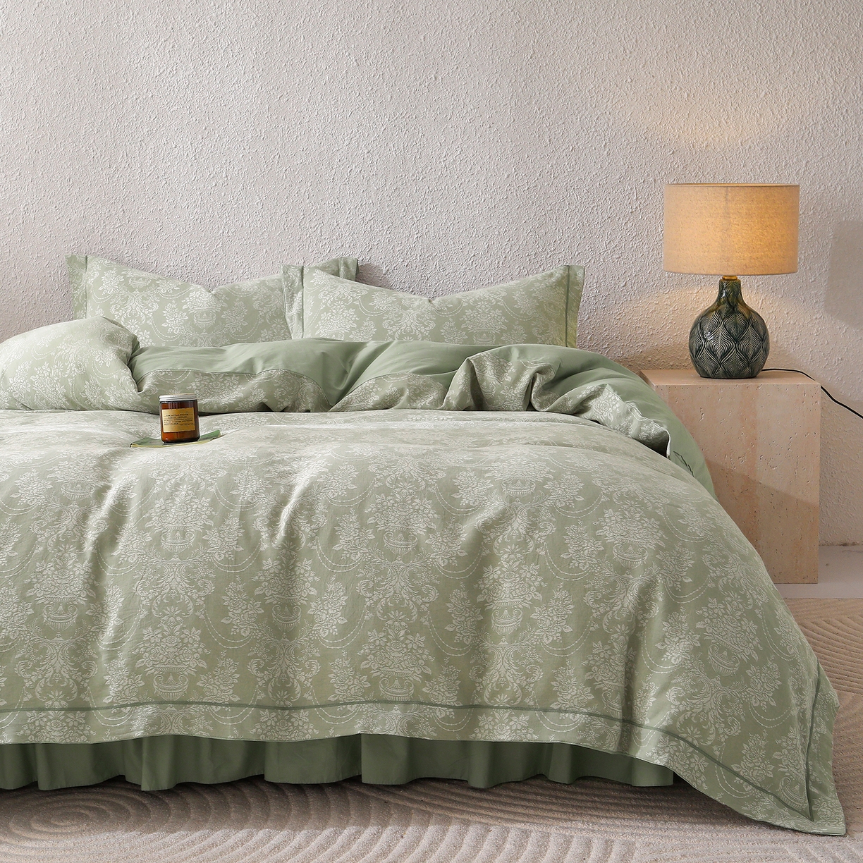 91家纺网 家纺一手货源 找家纺 金艾草 2026新款欧式风雕花全棉纯棉花边床盖四件套 欧花-浅绿