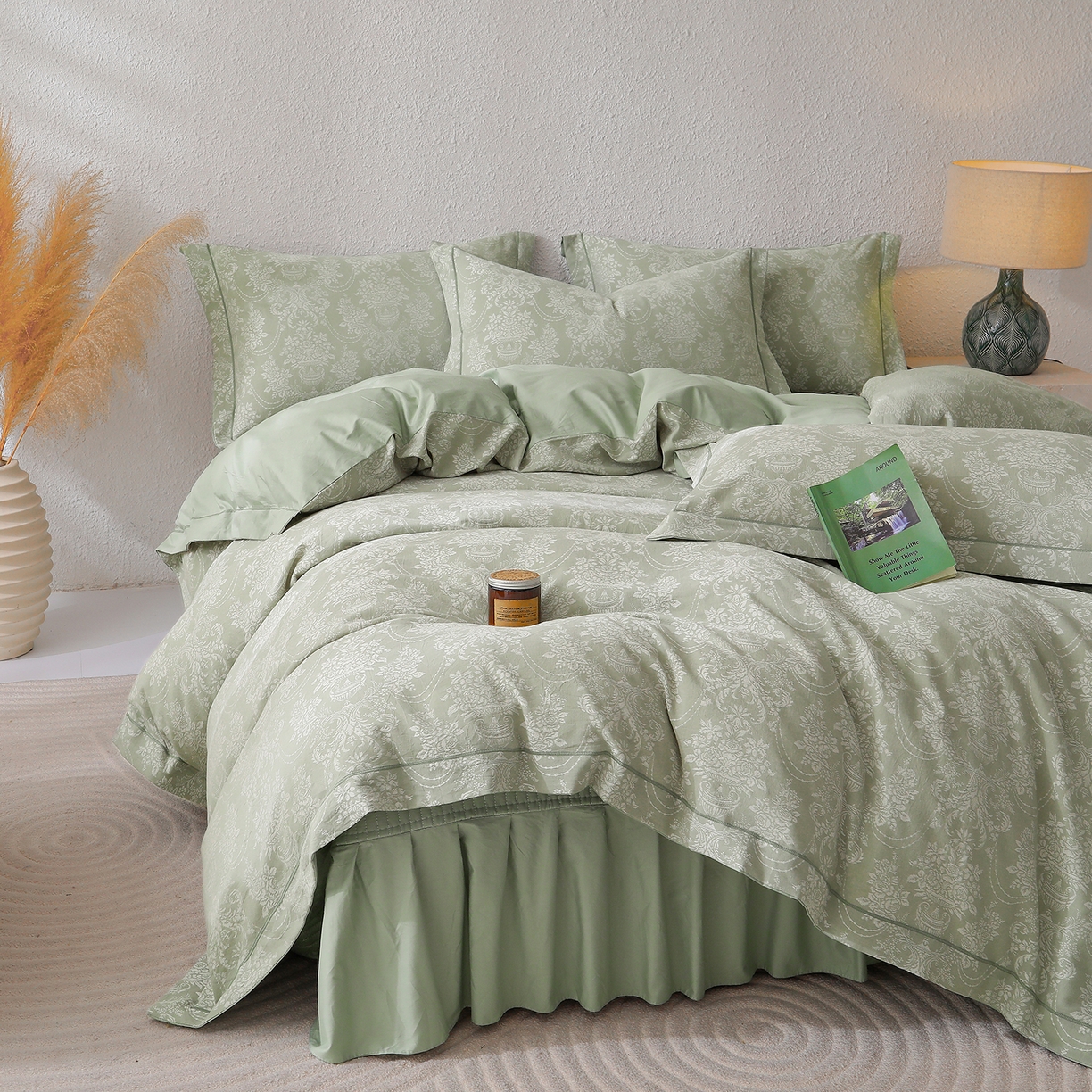 91家纺网 家纺一手货源 找家纺 金艾草 2026新款欧式风雕花全棉纯棉花边床盖四件套 欧花-浅绿